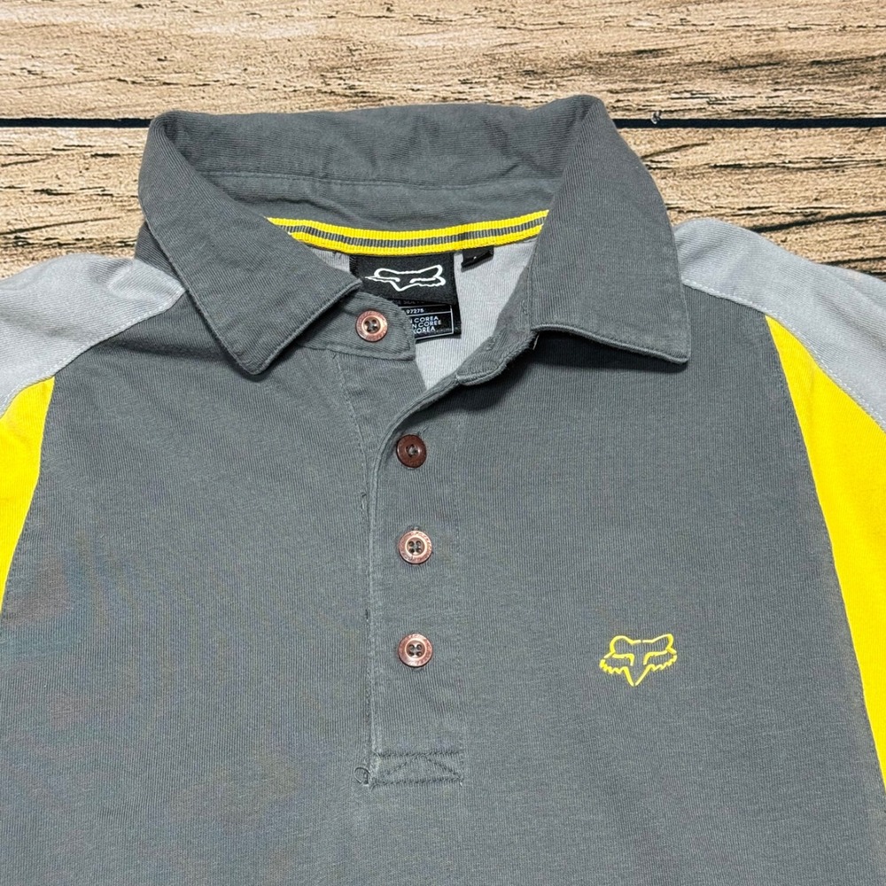 Fox Racing Polo Shirt Mens L Grey Yellow Colorblock Embroidered Logo Motocross